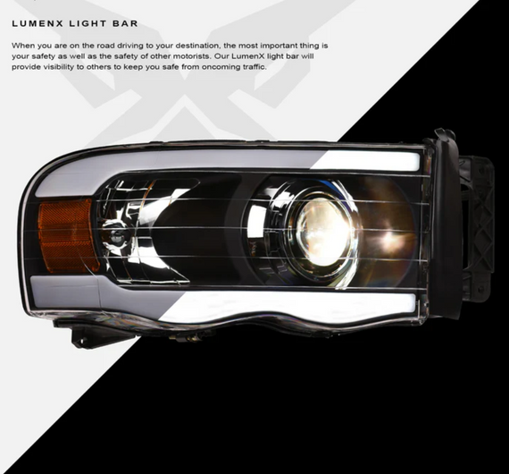 ARMORDILLO® LMP Series 2003-2005 Dodge RAM 2500 3500 Halogen Projector Headlights w/ LumenX Light Bar -Black Housing