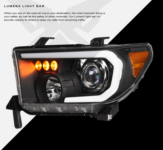 ARMORDILLO® LMP Series 2007-2013 Toyota Tundra Halogen Projector Headlights w/ LumenX Light Bar -Black Housing