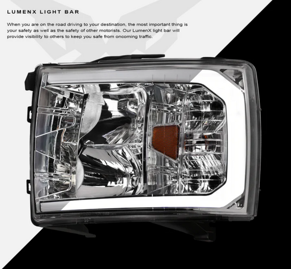 ARMORDILLO® LM Series 2008-2014 Chevrolet Silverado 2500 3500 Headlights (Crystal Headlights w/ LumenX Light Bar) -Chrome Housing