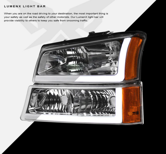 ARMORDILLO® LM Series 2003-2006 Chevrolet Silverado 2500 3500 Headlights (Crystal Headlights w/ LumenX Light Bar) -Chrome Housing