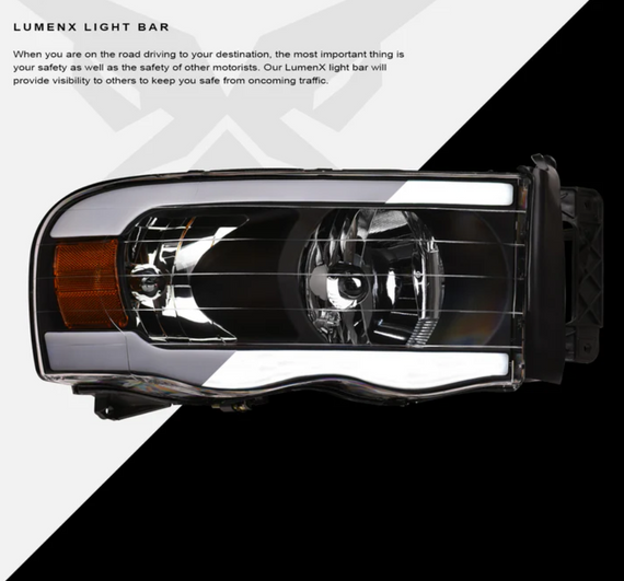 ARMORDILLO® LM Series 2002-2005 Dodge RAM 1500 Headlights (Crystal Headlights w/ LumenX Light Bar) -Black Housing