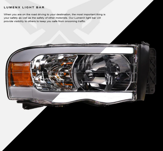 ARMORDILLO® LM Series 2003-2005 Dodge RAM 2500 3500 Headlights (Crystal Headlights w/ LumenX Light Bar) -Chrome Housing