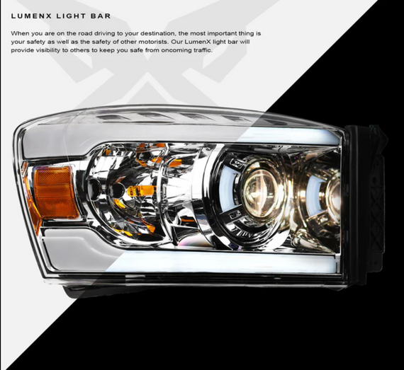 ARMORDILLO® LMP Series 2006-2008 Dodge RAM 1500 Halogen Projector Headlights w/ LumenX Light Bar -Chrome Housing