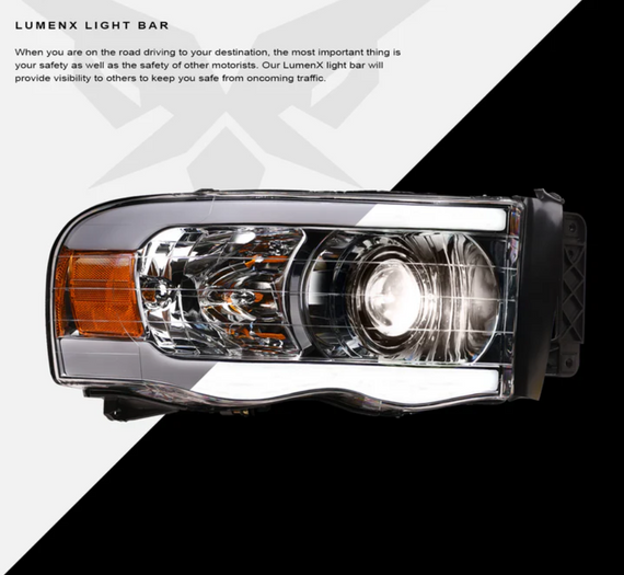 ARMORDILLO® LMP Series 2002-2005 Dodge RAM 1500 Halogen Projector Headlights w/ LumenX Light Bar -Chrome Housing