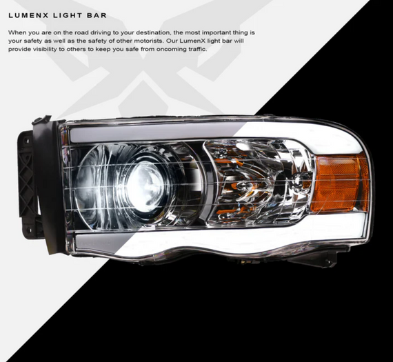 ARMORDILLO® LMX Series 2003-2005 Dodge RAM 2500 3500 LED Projector Headlights w/ LumenX Light Bar -Chrome Housing
