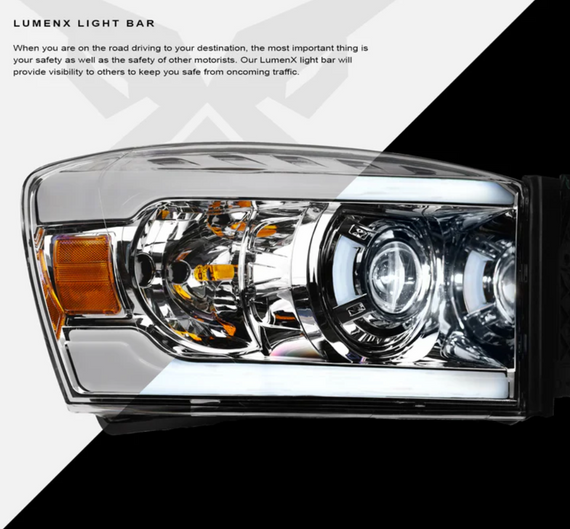 ARMORDILLO® LMX Series 2006-2009 Dodge RAM 2500 3500 LED Projector Headlights w/ LumenX Light Bar -Chrome Housing