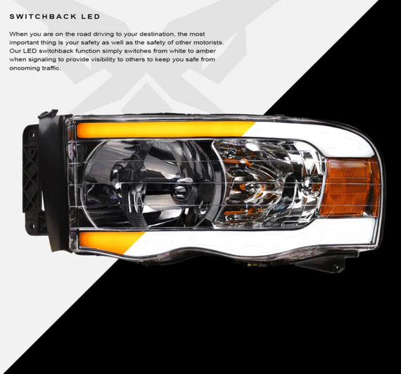 ARMORDILLO® SQ Series 2002-2005 Dodge RAM 1500 Headlights (Crystal Headlights w/ Sequential Signal/LumenX Light Bar) -Chrome Housing