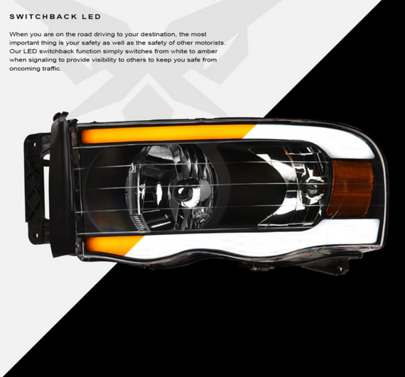 ARMORDILLO® SQ Series 2002-2005 Dodge RAM 1500 Headlights (Crystal Headlights w/ Sequential Signal/LumenX Light Bar) -Black Housing
