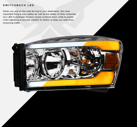 ARMORDILLO® SQ Series 2006-2008 Dodge RAM 1500 Headlights (Crystal Headlights w/ Sequential Signal/LumenX Light Bar) -Chrome Housing