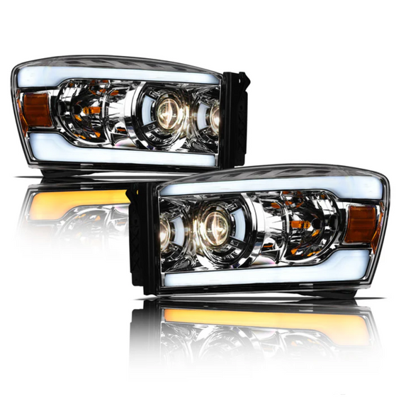 ARMORDILLO® SQP Series 2006-2009 Dodge RAM 2500 3500 Projector Headlights (Halogen Projector w/ Sequential Signal/LumenX Light Bar) -Chrome Housing