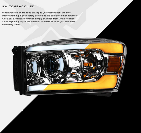 ARMORDILLO® SQP Series 2006-2009 Dodge RAM 2500 3500 Projector Headlights (Halogen Projector w/ Sequential Signal/LumenX Light Bar) -Chrome Housing