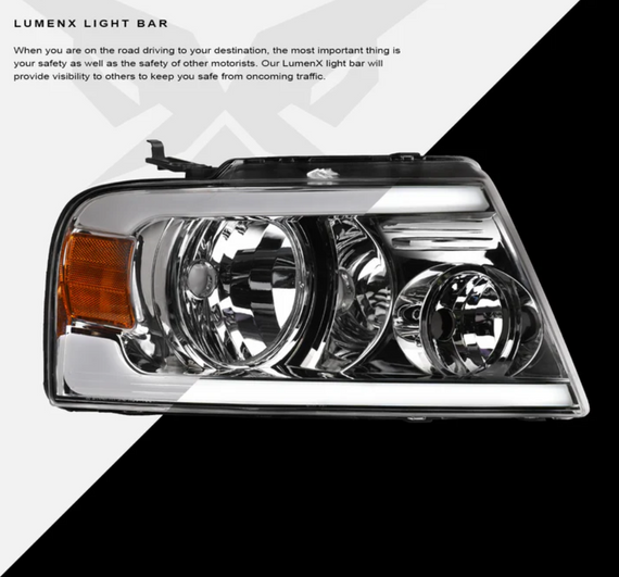 ARMORDILLO® LM Series 2004-2008 Ford F-150 Headlights (Crystal Headlights w/ LumenX Light Bar) -Chrome Housing