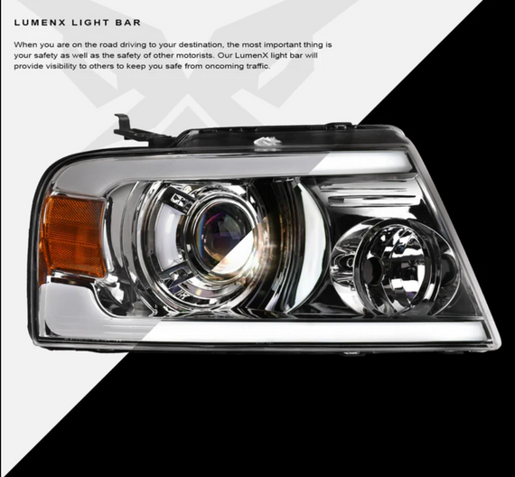ARMORDILLO® LMP Series 2004-2008 Ford F-150 Halogen Projector Headlights w/ LumenX Light Bar -Chrome Housing