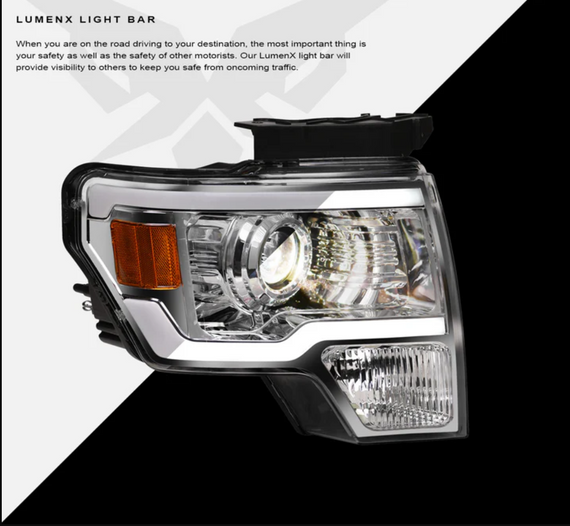 ARMORDILLO® LMP Series 2009-2014 Ford F-150 Halogen Projector Headlights w/ LumenX Light Bar -Chrome Housing