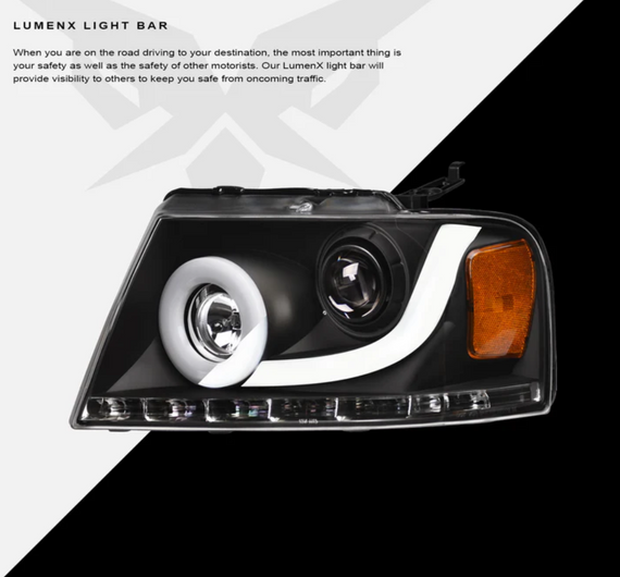 ARMORDILLO® LMP Series 2004-2008 Ford F-150 Halogen Projector Headlights w/ LumenX Light Bar -Black Housing