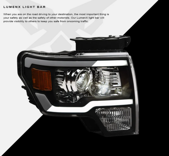 ARMORDILLO® LMP Series 2009-2014 Ford F-150 Halogen Projector Headlights w/ LumenX Light Bar -Black Housing