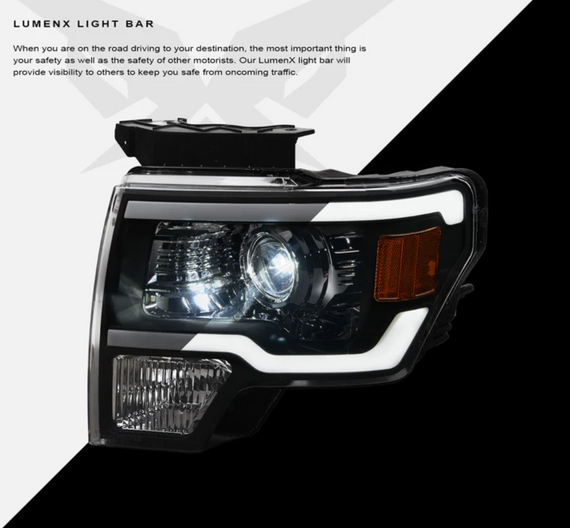 ARMORDILLO® LMX Series 2009-2014 Ford F-150 LED Projector Headlights w/ LumenX Light Bar -Black Housing