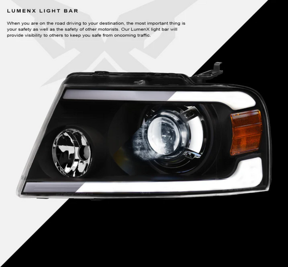 ARMORDILLO® LMX Series 2004-2008 Ford F-150 LED Projector Headlights w/ LumenX Light Bar -Black Housing