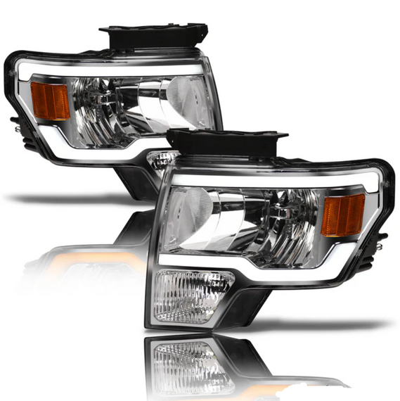 ARMORDILLO® SQ Series 2009-2014 Ford F-150 Headlights (Crystal Headlights w/ Sequential Signal/LumenX Light Bar) -Chrome Housing