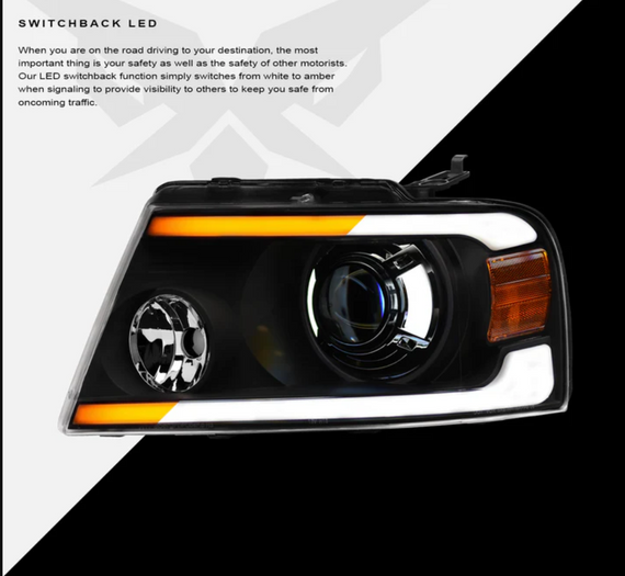 ARMORDILLO® SQP Series 2004-2008 Ford F-150 Projector Headlights (Halogen Projector w/ Sequential Signal/LumenX Light Bar) - Black Housing