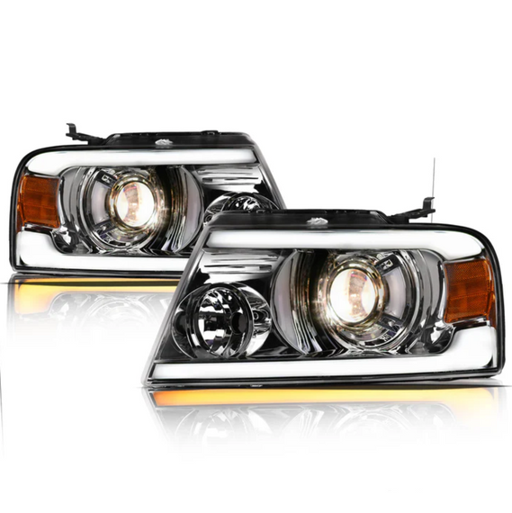 ARMORDILLO® SQP Series 2004-2008 Ford F-150 Projector Headlights (Halogen Projector w/ Sequential Signal/LumenX Light Bar) - Chrome Housing