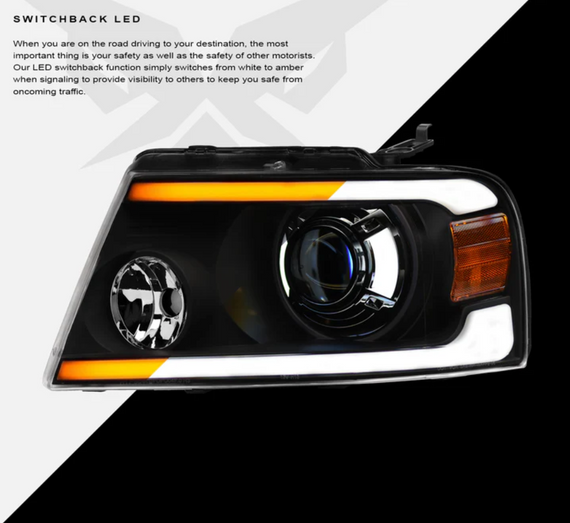 ARMORDILLO® SQX Series 2004-2008 Ford F-150 LED Projector Headlights (LED Projector w/ Sequential Signal/LumenX Light Bar) -Black Housing