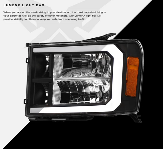 ARMORDILLO® LM Series 2007-2013 GMC Sierra 1500 Headlights (Crystal Headlights w/ LumenX Light Bar) -Black Housing