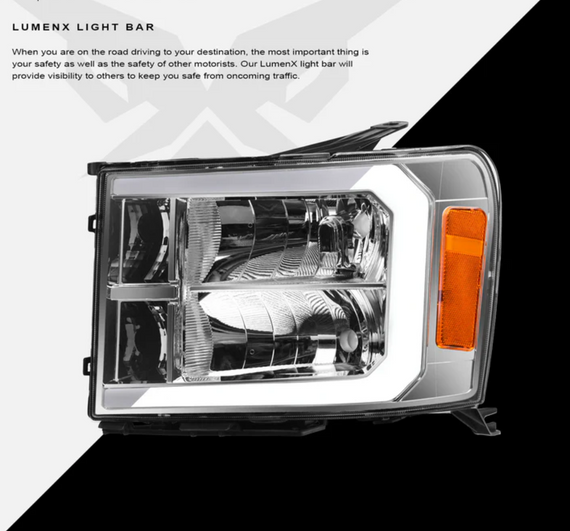 ARMORDILLO® LM Series 2007-2013 GMC Sierra 1500 Headlights (Crystal Headlights w/ LumenX Light Bar) -Chrome Housing