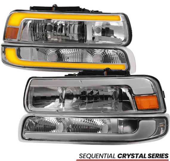 ARMORDILLO® SQ Series 1999-2002 Chevrolet Silverado 1500 Headlights (Crystal Headlights w/ Sequential Signal/LumenX Light Bar) -Chrome Housing
