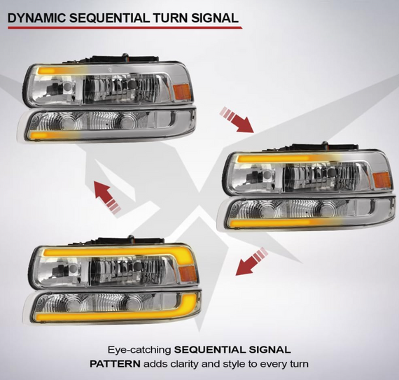 ARMORDILLO® SQ Series 1999-2002 Chevrolet Silverado 1500 Headlights (Crystal Headlights w/ Sequential Signal/LumenX Light Bar) -Chrome Housing