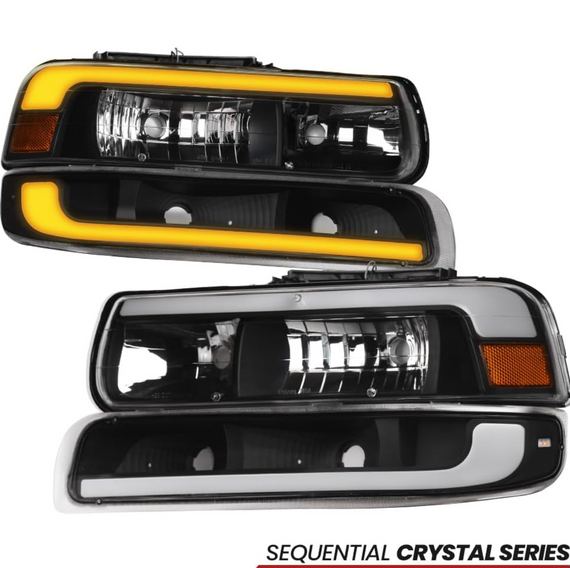 ARMORDILLO® SQ Series 1999-2002 Chevrolet Silverado 1500 Headlights (Crystal Headlights w/ Sequential Signal/LumenX Light Bar) -Black Housing