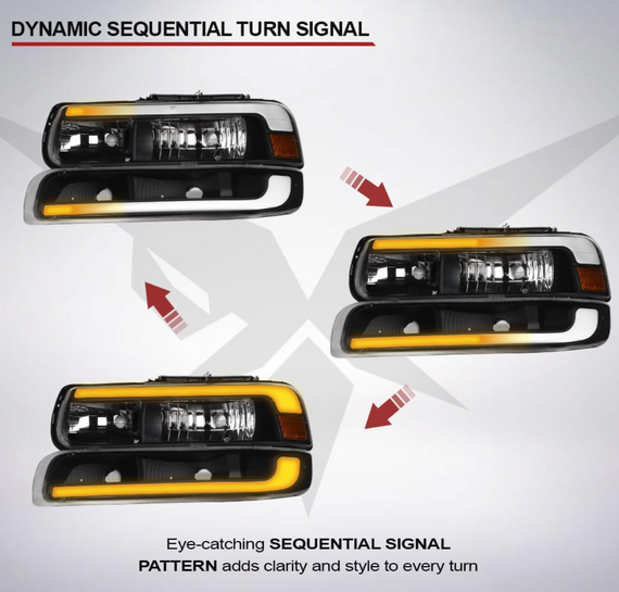ARMORDILLO® SQ Series 1999-2002 Chevrolet Silverado 1500 Headlights (Crystal Headlights w/ Sequential Signal/LumenX Light Bar) -Black Housing