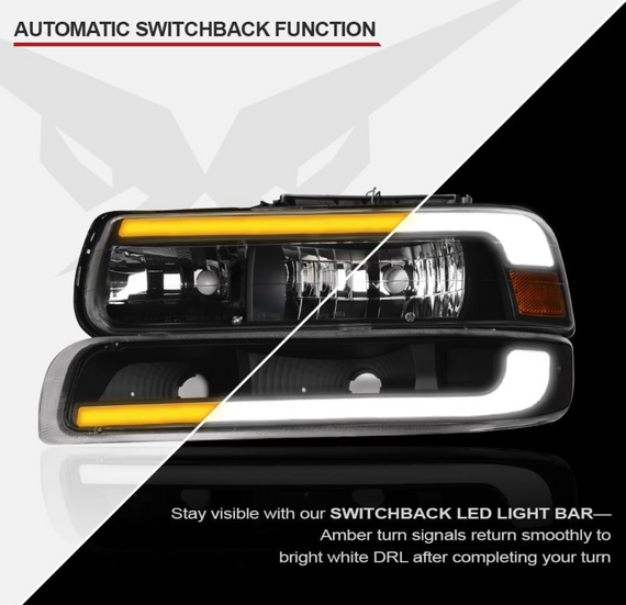 ARMORDILLO® SQ Series 1999-2002 Chevrolet Silverado 1500 Headlights (Crystal Headlights w/ Sequential Signal/LumenX Light Bar) -Black Housing