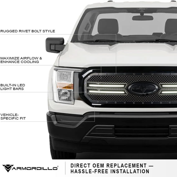 ARMORDILLO® 2021-2023 Ford F-150 RVT Rivet Bolt Steel Wire Mesh Style LED Front Grille -Gloss Black