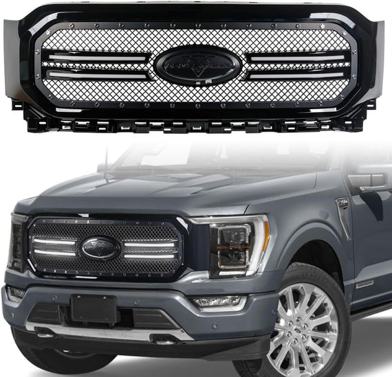 ARMORDILLO® 2021-2023 Ford F-150 RVT Rivet Bolt Steel Wire Mesh Style LED Front Grille -Gloss Black