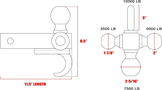 ARMORDILLO® Universal 3‑in‑1 Loaded Tri‑Ball Mount with Hook Trailer Hitch