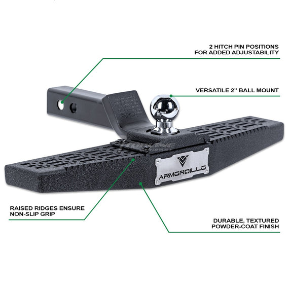 ARMORDILLO® AR Series Keylock Mesh Rear Steel Hitch Step w/ Ball Mount -Matte Black